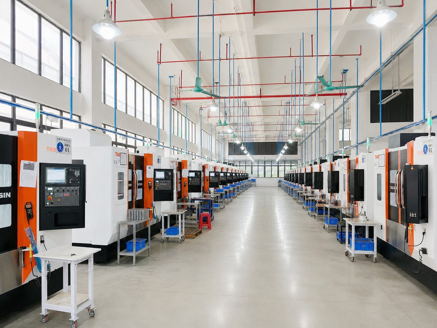 CNC machining hall with rows of equipment